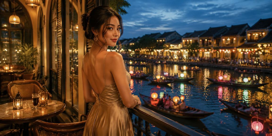 Quán cà phê Hội An minh họa người dùng theo dõi bóng đá và High Roller